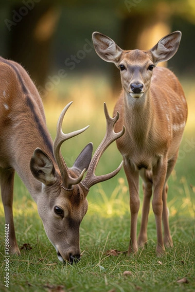 Obraz Two Deer in Natural Habitat – One Grazing, One Looking at Camera, Hyperrealistic Wildlife Photography, Forest or Meadow, High-Detail Capture
