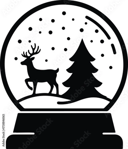 Fototapeta Vector silhouette snow globe with christmas tree and reindeer illustration