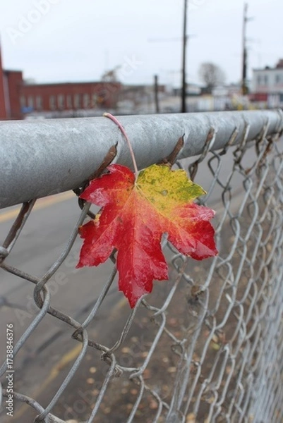 Obraz A colorful, wet leaf hangs on a chain-link fence, urban backdrop with overcast skies