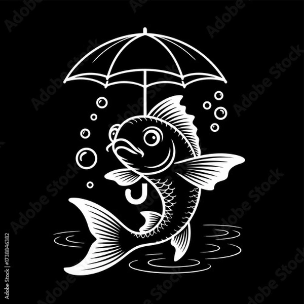Fototapeta A whimsical illustration of a white fish swimming gracefully under the protection of an umbrella, surrounded by floating bubbles against a stark black backdrop, creating a charming scene