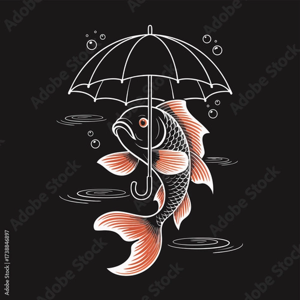 Fototapeta Artistic illustration of a koi fish gracefully swimming under an umbrella, creating a surreal and captivating scene with contrasting elements against a dark background
