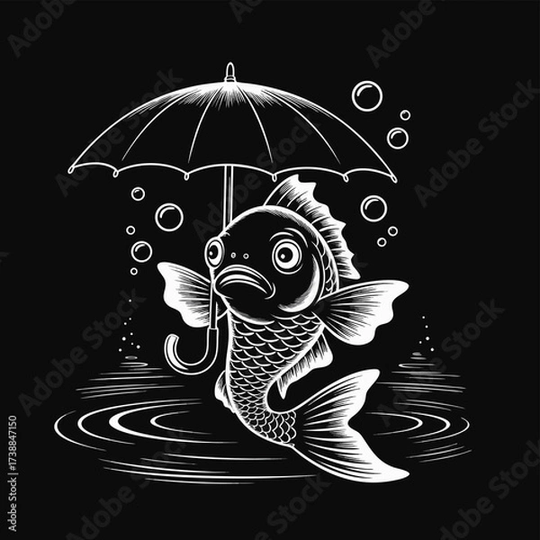 Fototapeta A charming illustration of a white fish swimming under an umbrella, surrounded by bubbles and water ripples against a black backdrop, creating a delightful scene