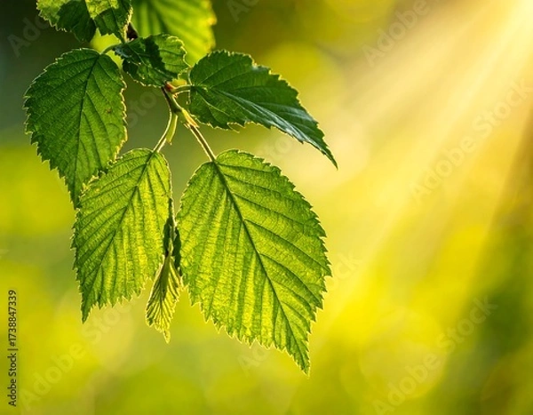 Fototapeta Vibrant green leaves, bathed in sunlight, showcase intricate leaf veins against a soft, out-of-focus background of springtime foliage.