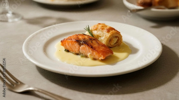 Fototapeta Salmon Fillet Wrapped In Puff Pastry, Golden Crisp Finish, Plated with Beurre Blanc Sauce, Elegant Restaurant Plating