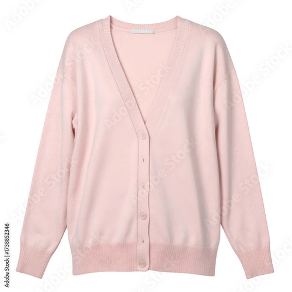 Fototapeta A soft, pastel pink cardigan is displayed on a dark background, showcasing a classic V-neck design with button closures and ribbed cuffs, creating a simple yet fashionable garment presentation that...