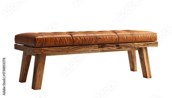 Obraz Detailed  shot depicts a handcrafted bench with a brown leather upholstered seat and rustic wooden legs, set against a stark black backdrop, showcasing the textures and rich tones of the furniture,...