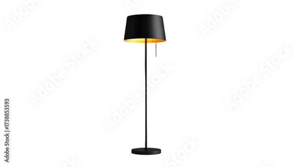 Fototapeta Elegant floor lamp with a black lampshade and a gold-colored interior illuminates the darkness.