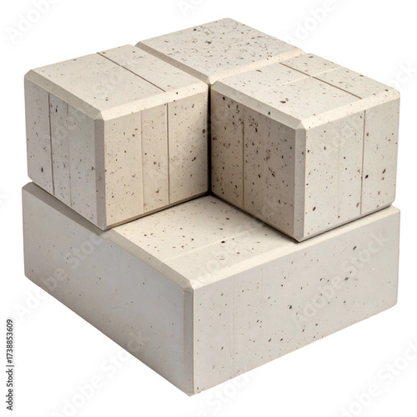 Obraz Geometric arrangement depicts an abstract sculpture of stacked blocks with a neutral color palette, creating a modern composition against a black background, showcasing light and shadow.