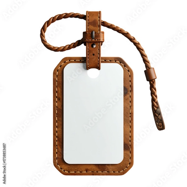 Obraz Detailed  shot showcases a leather luggage tag featuring a white blank space for personalization against a stark black background, providing a modern presentation with sophisticated brown tones and...