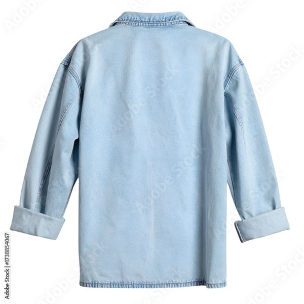 Obraz A light blue denim shirt is displayed against a solid black backdrop, showcasing the back of the garment with the collar and cuffs in view, creating a stylish, minimalist composition, suitable for...