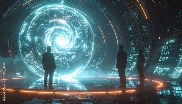 Fototapeta Three people stand in front of a futuristic, glowing energy portal in a dark room filled with advanced technology. This science fiction concept depicts time travel, time travel, and space travel