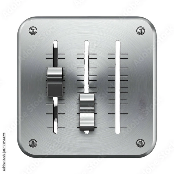 Fototapeta Metallic audio control interface displayed on a black background, featuring three adjustable sliders with a polished metal finish.