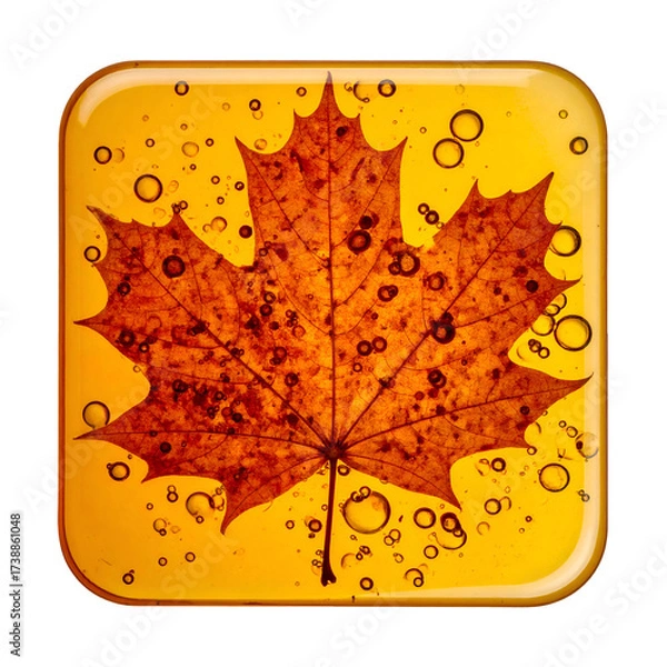 Obraz Detailed macro photograph depicts a fall maple leaf encased in a translucent yellow resin with bubbles suspended throughout, creating a unique abstract composition against a stark black background.