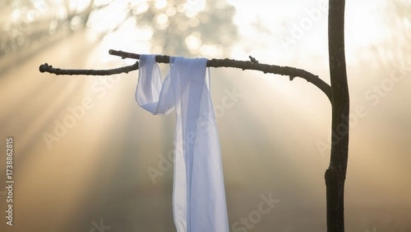 Fototapeta A white cloth draped over a tree branch in the soft morning light with sunbeams filtering through the trees