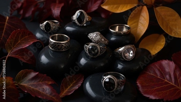 Fototapeta Collection of ornate gothic rings with dark gemstones, displayed on black stones with autumn leaves