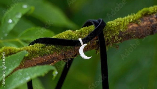 Fototapeta A delicate black velvet choker necklace with a crescent moon pendant rests on a mosscovered branch in nature