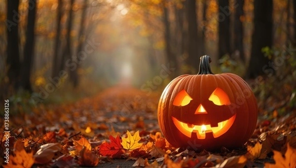 Fototapeta A carved halloween pumpkin with a glowing face sits on a path covered in autumn leaves, surrounded by a forest