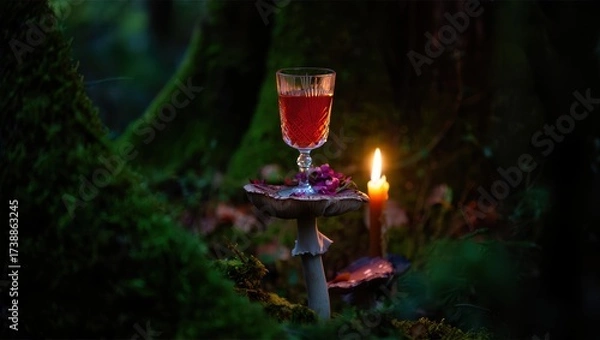 Fototapeta A mystical goblet of red liquid sits on a mushroom in a dark, enchanted forest with a candle burning