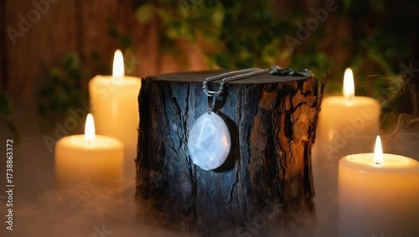 Fototapeta Mystical moonstone pendant on a rustic wooden log surrounded by glowing candles and ethereal smoke