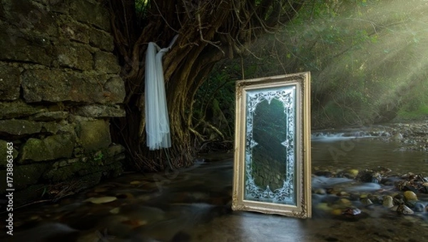 Fototapeta An ornate golden mirror stands in a shallow stream, reflecting the surrounding forest and a white cloth hanging from a tree