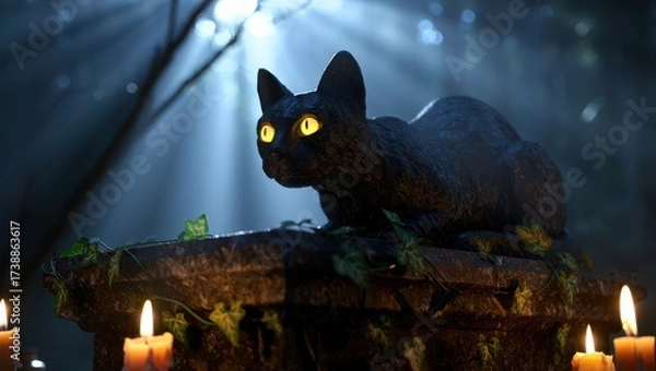 Fototapeta Mysterious black cat with glowing eyes perched on an ancient stone altar in a dark, moonlit forest with candles