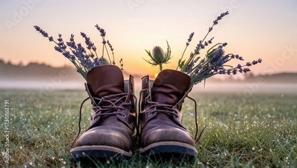 Fototapeta Pair of weathered hiking boots filled with lavender flowers on a misty grassy field at sunrise
