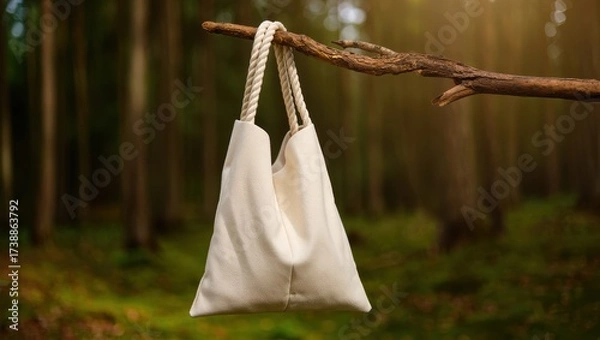 Fototapeta A reusable cloth bag hangs from a tree branch in a sunlit forest, symbolizing ecofriendly shopping and nature