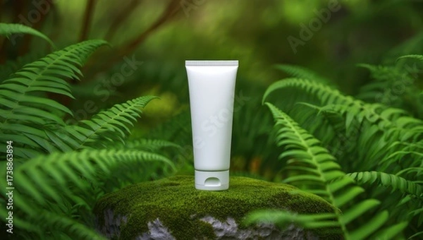 Fototapeta A white cosmetic tube sits on a mossy rock surrounded by lush green ferns in a forest setting