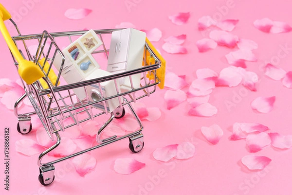 Obraz カートと家具や家電のミニチュアで新生活のイメージ