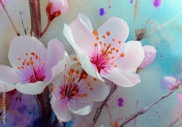 Obraz Delicate, pastel-hued blossoms in close-up, showcasing soft watercolor textures and a springtime ambiance.
