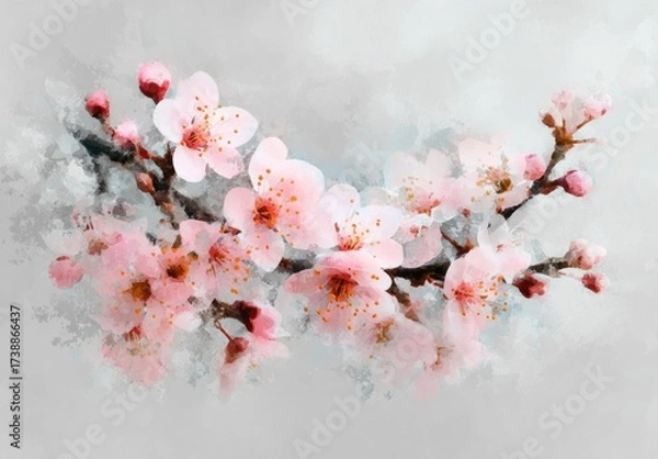 Obraz Delicate pink blossoms on a branch, rendered in soft watercolor style, create a serene and tranquil image.