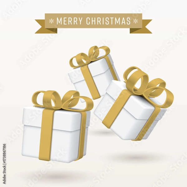 Fototapeta 3D gift boxes floating in the air with Merry Christmas calligraphy in golden ribbon on square background graphic illustration.