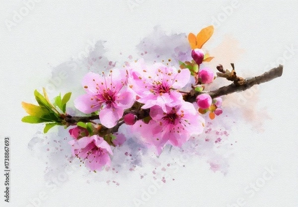Obraz Delicate blossoms of spring, painted with soft watercolor hues, adorn a branch against a light backdrop.
