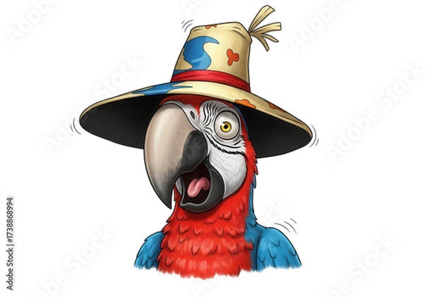 Obraz Cartoon Macaw Parrot Wearing a Wide- Brimmed Hat with Open Mouth Keywords: parrot, macaw, bird isolated on a transparent background