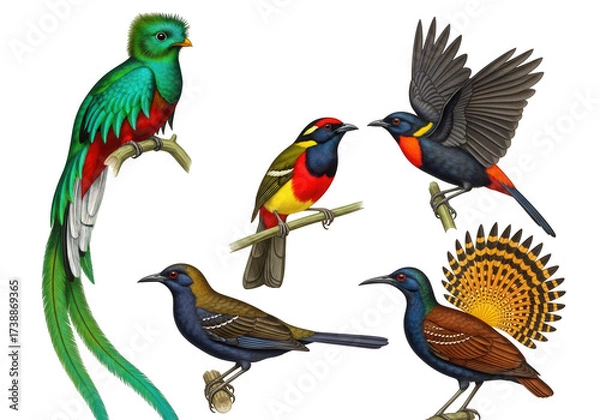 Fototapeta Collection of Five Exotic Birds Perched on Branches Keywords: birds, exotic, tropical, wildlife isolated on a transparent background