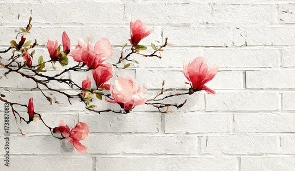 Obraz Delicate pink magnolia blossoms adorn a textured white brick wall, creating a serene and floral artistic composition.