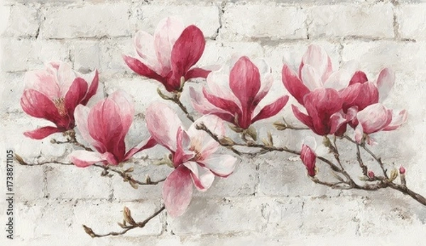 Obraz Delicate magnolia blossoms in shades of pink and white adorn a weathered brick wall, creating a serene and romantic floral scene.