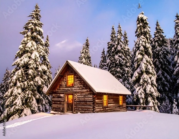 Fototapeta Snowy cabin in the woods at twilight