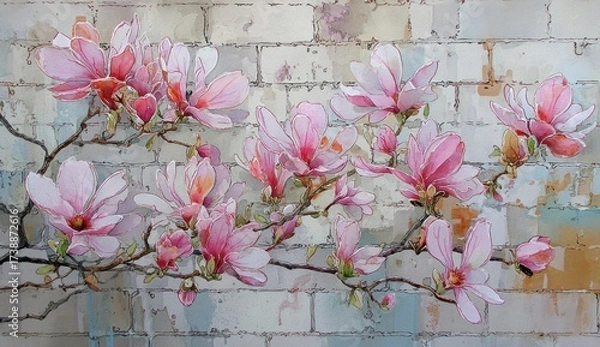 Obraz Delicate magnolia blossoms bloom against a backdrop of weathered brickwork, showcasing a soft, romantic aesthetic.