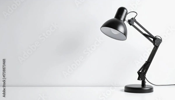 Fototapeta Stylish desk lamp set on a minimal white background with empty wall space behind for copy space and design