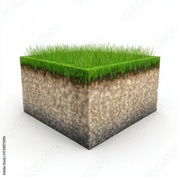 Fototapeta Pixelated Grass Block with Detailed Soil Layer in Video Game Style