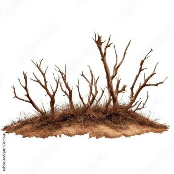 Fototapeta Brown Dead Twisted Roots or Branches Isolated on White Background