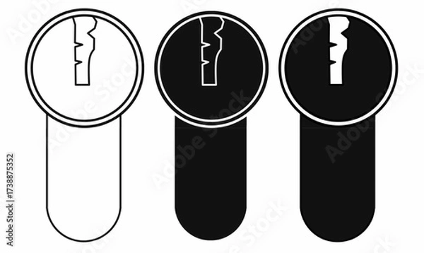 Fototapeta Pin tumbler lock cylinder or Yale lock vector icons in outline and silhouette style. Keyhole barrel design for security, locksmith, door hardware, access control, and safety concept.