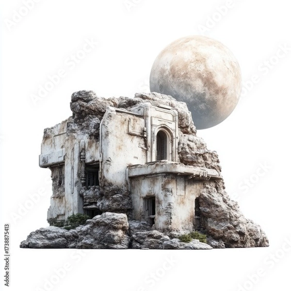 Fototapeta Abandoned Structure with Crumbling Walls Under a Large Moon