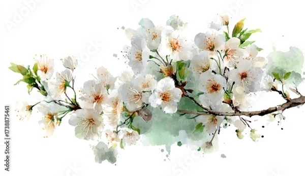 Obraz A delicate branch of springtime blossoms, painted with watercolor technique, showcasing soft white petals and subtle green leaves against a backdrop of muted watercolor stains.