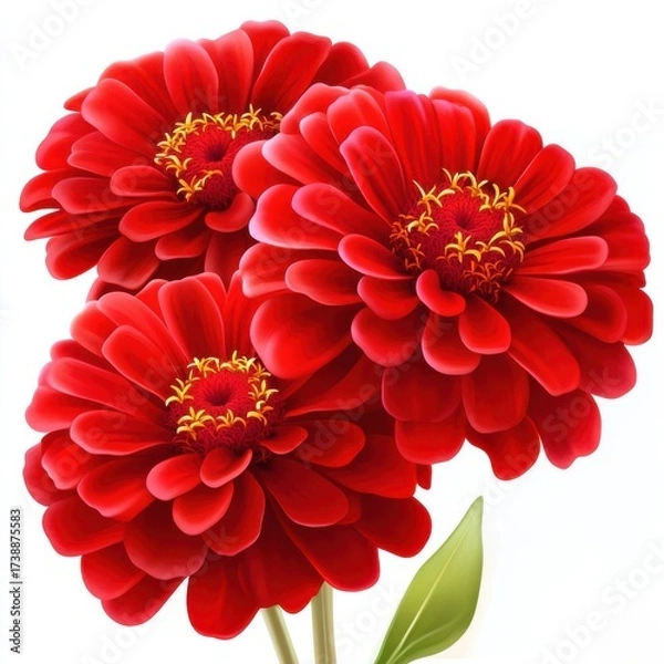 Fototapeta Vibrant Red Zinnias in Full Bloom on a Soft White Background