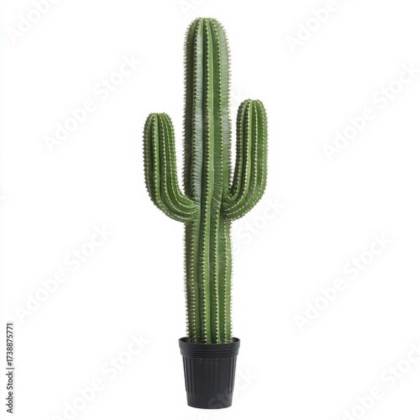 Fototapeta Tall Green Cactus in Black Pot with Vertical Spines and Texture