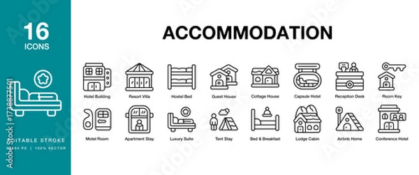 Fototapeta Accommodation icon set. Includes accommodation, travel, room, hotel, vacation and More. Editable Stroke Icon Collection.
