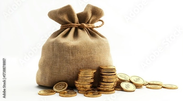 Fototapeta Burlap sack filled with gold coins (2)