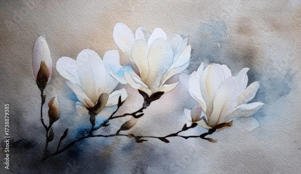 Obraz Delicate magnolia blossoms in soft pastel tones, rendered in watercolor, create a tranquil and serene artistic piece.